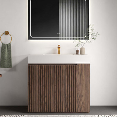 Meuble-lavabo autoportant de 91 cm (36 po) avec rangement et lavabo intégrés pour salle de bain moderne, lavabo monobloc sans bonde ni robinet, à monter soi-même