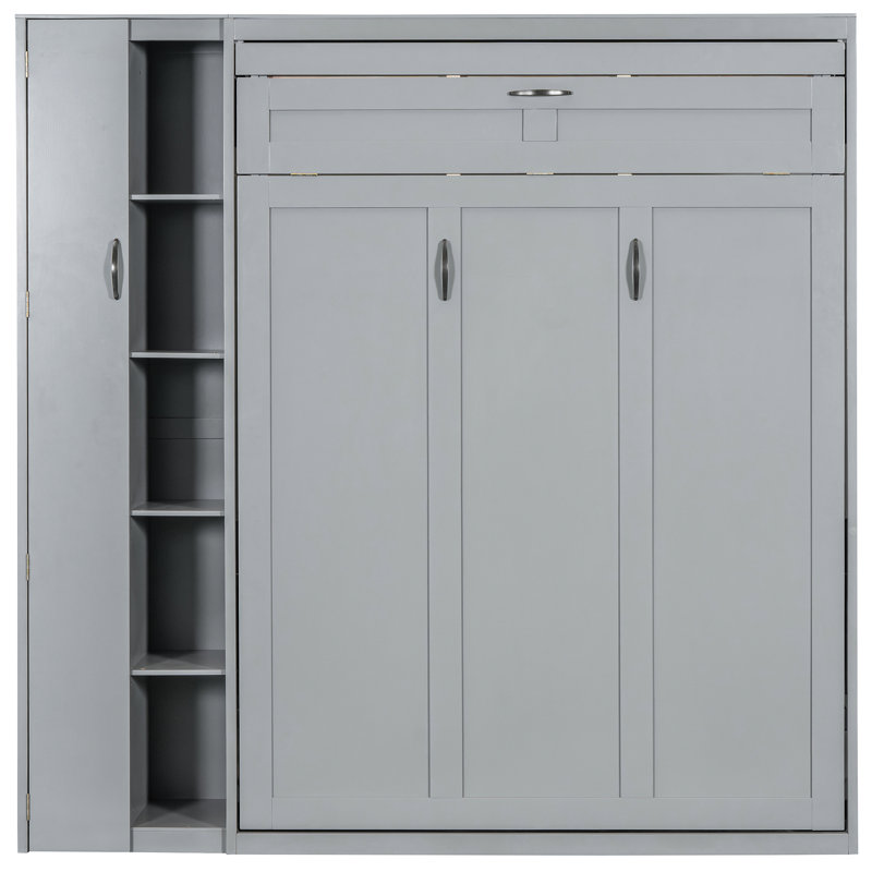 Lit avec tablettes brillantes, garde-robe et lumière DEL douce et relaxante, Lit double, Gris