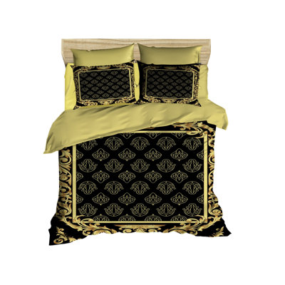 Ensemble de housse de couette très grand luxe, noir et or | Tige 100% microsatine de polyester et dessous 100% coton | Housse de couette: 94,5 po x 86,6 po et 2 taies d'oreiller: 19,7 po x 31,5 po | Lavable à la machine, impression élégante en 3D