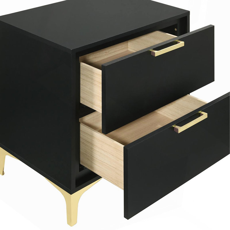 Black 2-Drawer Rectangular Nightstand, Black