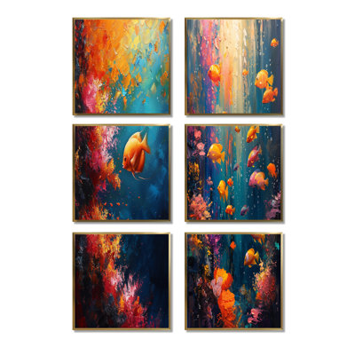 «Blue Orange Coral Marine Fish Life», ensemble de 6 reproductions d'art mural corail