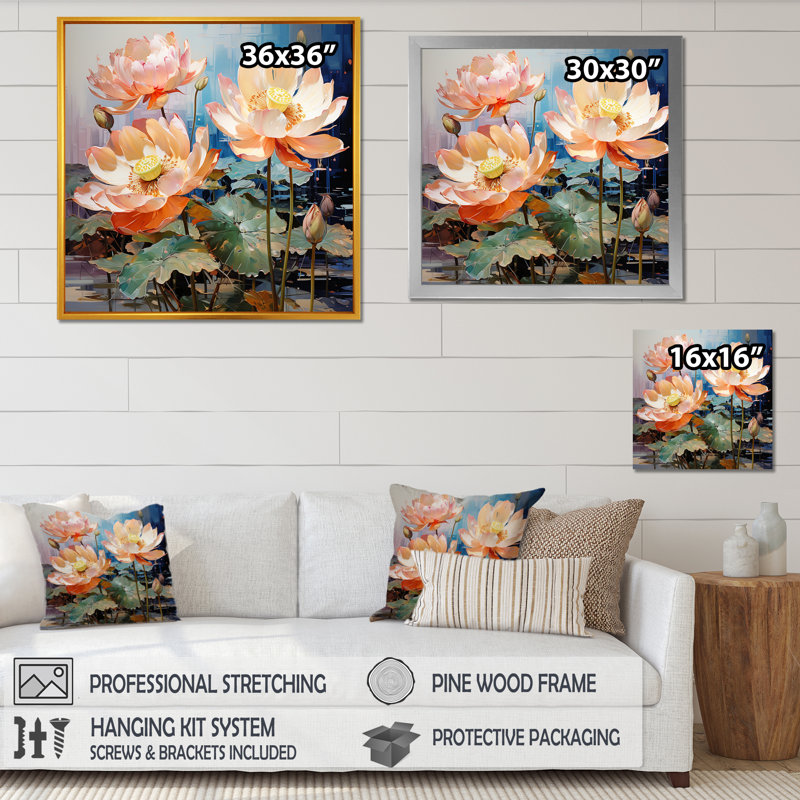Fleurs de lotus fauves III sur toile, Cadre naturel flottant, H 30 po x l 30 po x P 1 po