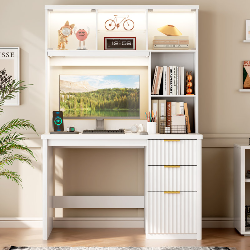MDF Computer Desk with Built-In Electrical Outlet, White