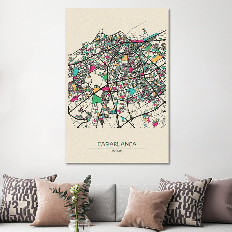 Casablanca, Morocco Map by Ayse Deniz Akerman - Wrapped Canvas Print