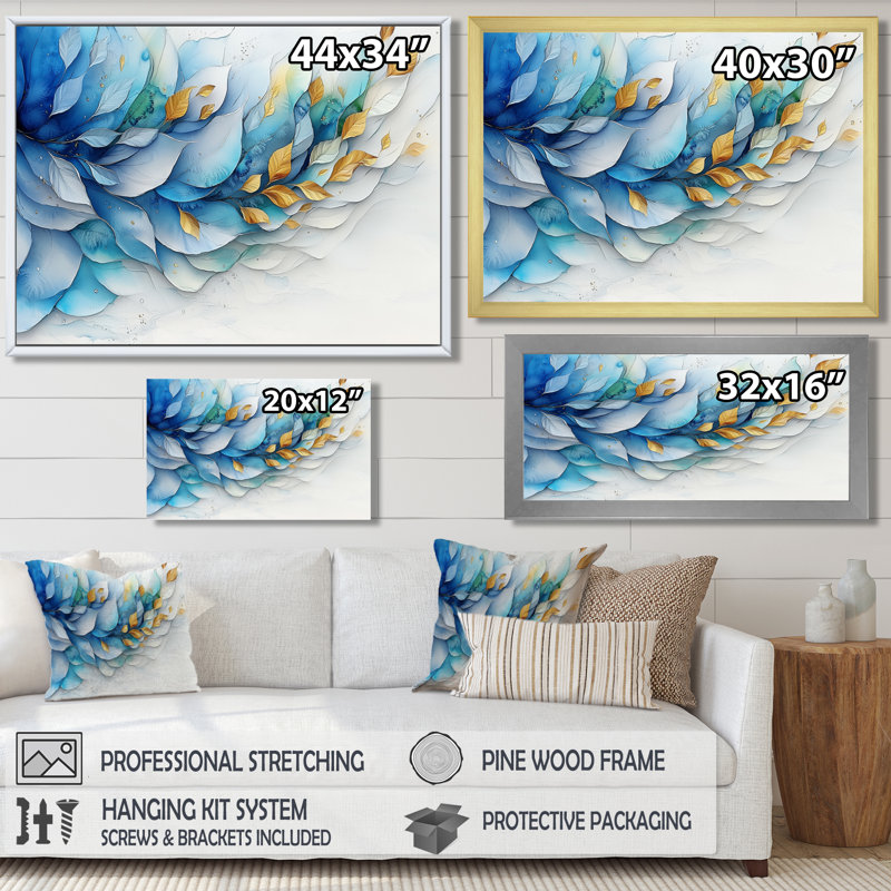 Blue White Delicate Flower Petals I - Ferns Wall Art Decor, 12" H x 20" W, Single Picture Framed Print, Black