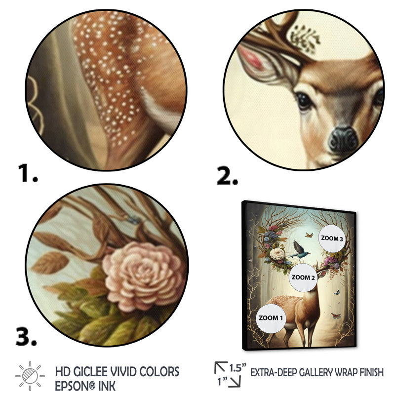 «Deer with Blooming Antler V», reproduction sur toile, H 20 po x l 12 po x P 1 po, Toile avec cadre flottant noir