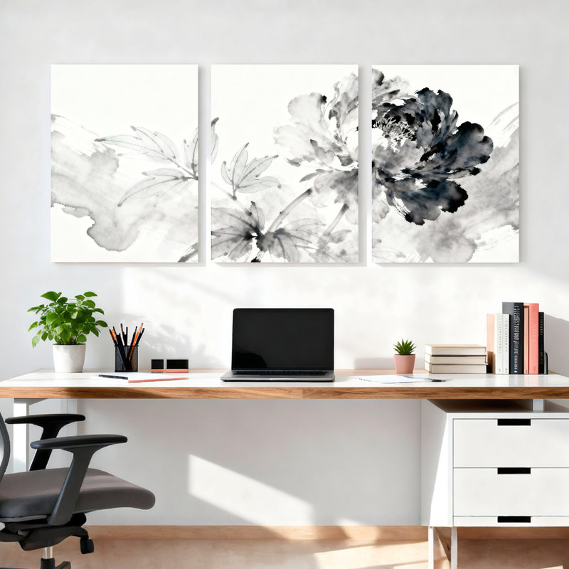 «Black and White Ink Floral», reproduction d'art sur toile tendue à la main (ensemble de 3), H 18 po x l 36 po