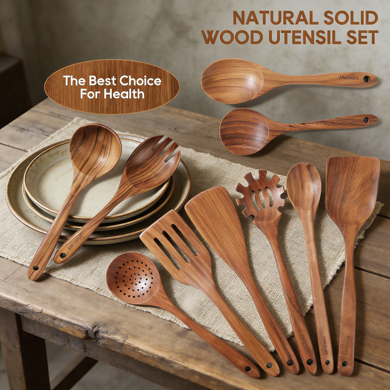 Ensemble d'ustensiles de cuisine en bois de teck 10 pièces avec crochets, antiadhésif, cuillères à spatule résistantes à la chaleur pour la cuisson, finition lisse