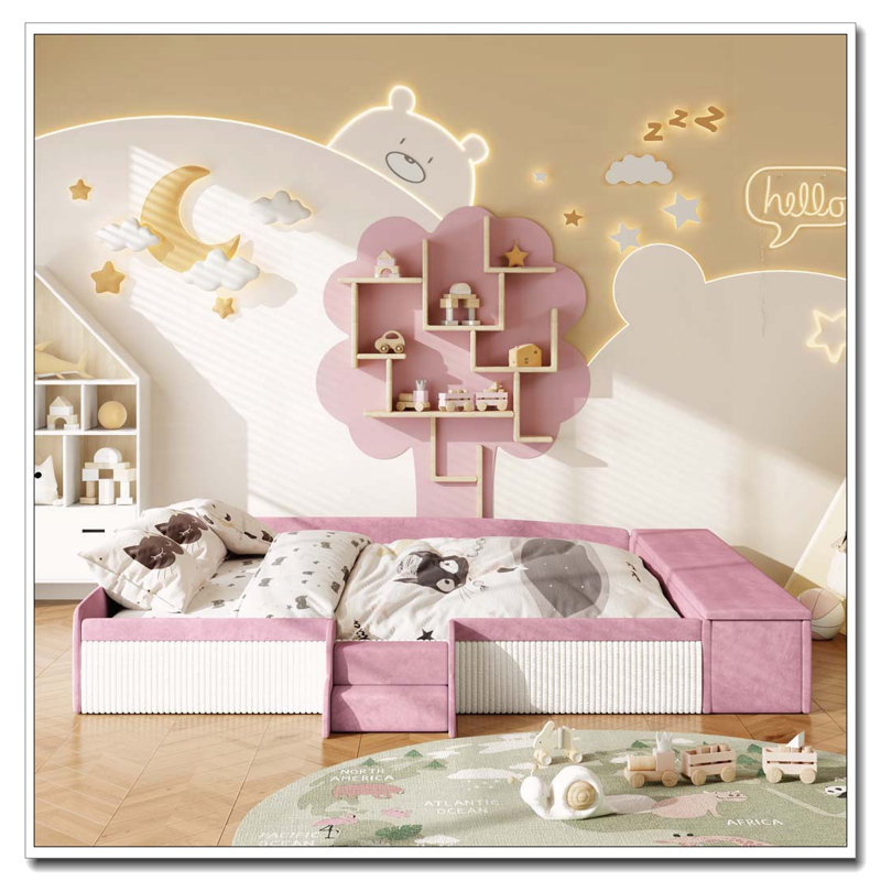 Velvet Upholstered Daybed with Stairs, Gas Lift Storage Ottoman, King, Pink+White