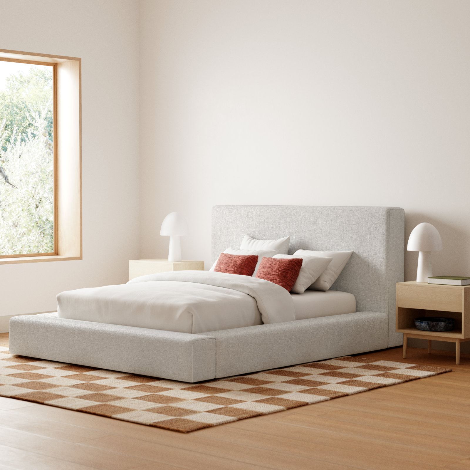 Ishia Upholstered Platform Bed, Cream Linen, Queen