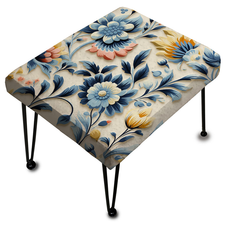 Ethno Damask Pink And Blue Ferns I - Damask Rectangle Ottoman
