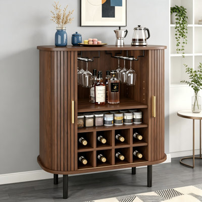 Bar à vin en noyer cannelé, station de café avec porte-bouteilles à 8 grilles et porte-verres