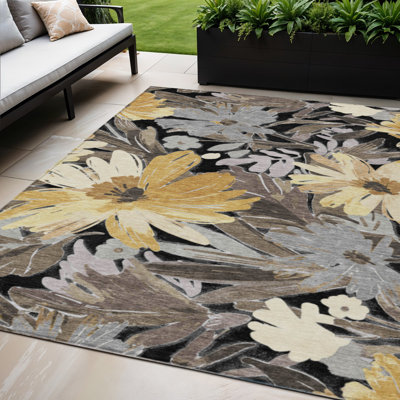 Tapis extérieur lavable floral noir et gris 5 pi x 8 pi