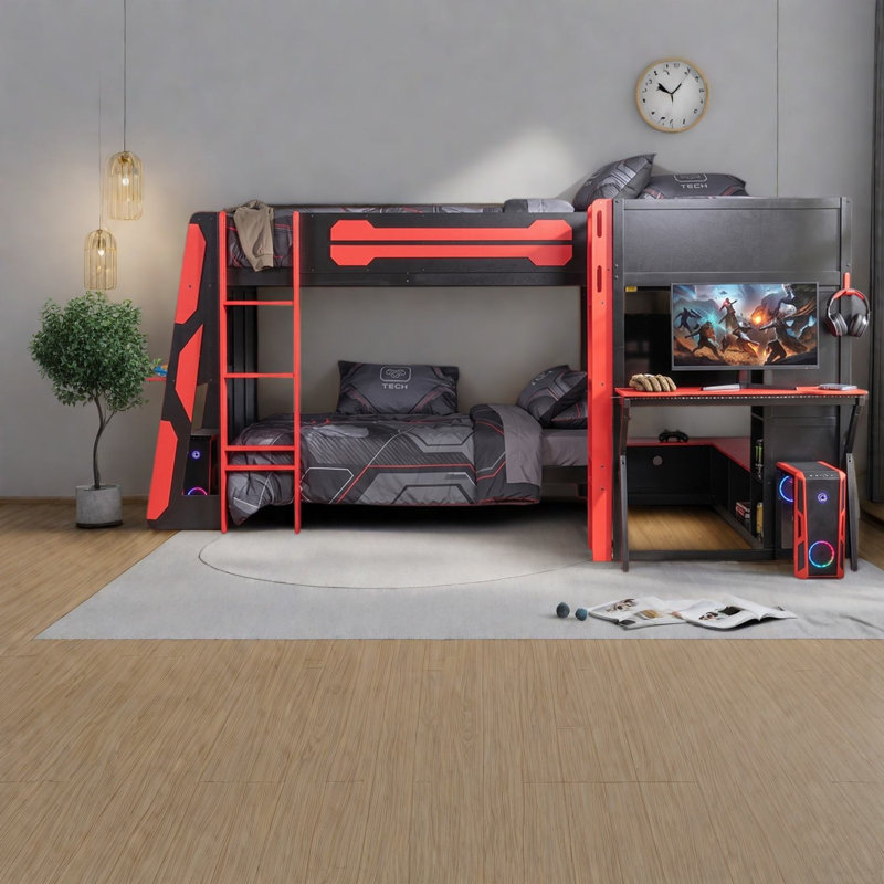 Lits jumeaux en forme de L avec rangement, structure mezzanine en MDF, salle de jeux moderne, Rouge