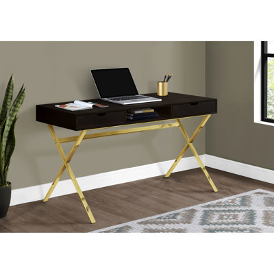Bureau de travail contemporain à usage domestique, stratifié couleur et métal doré, l 48 po, rangement pour ordinateur portable disponible avec rangement pour tablette, stratifié brun foncé, accent métallique