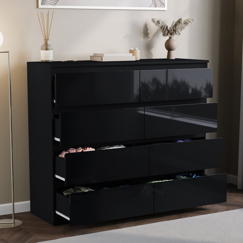 Oslo 8 Drawer High Gloss Chest, (FSC 100%) Bedroom Home Storage Furniture, Black
