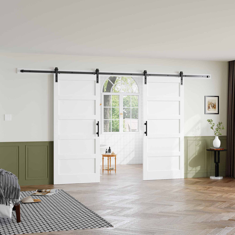 Porte de grange double en bois manufacturé à 5 panneaux avec quincaillerie d'installation, 76 po x 84 po