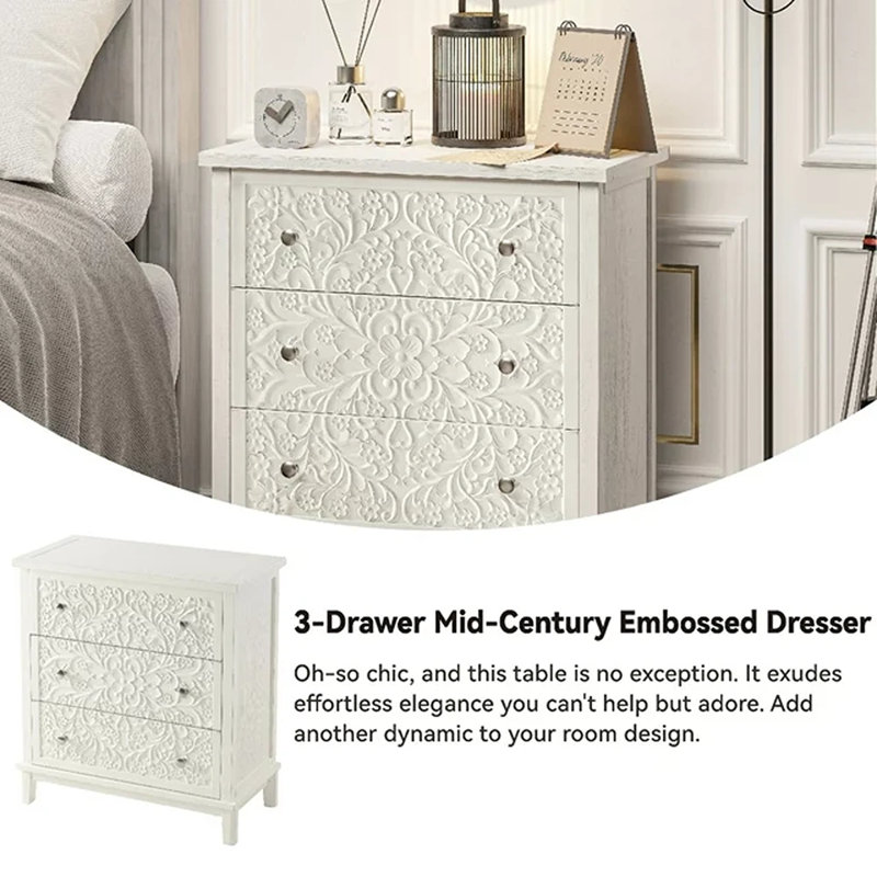 Bungalow Rose Farmhouse Fully-Assembled Nightstand With 3-Drawer, Flower Motif End Table For Small Spaces, French Country, Modern, Distressed Finish, White-Washed