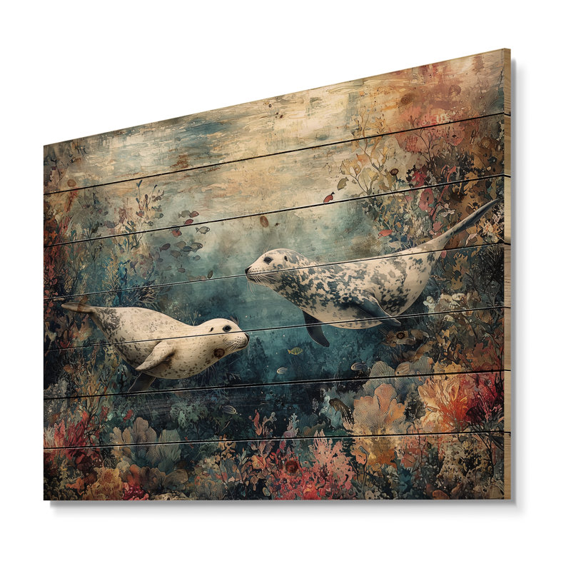 Jouant des phoques dans un paysage de corail II - art mural bois de phoque - sur bois de pin naturel