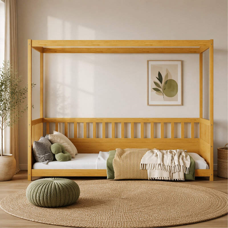 Cadre de lit à baldaquin simple avec garde-corps pour enfants, lit de sol simple à baldaquin, lit de sol pour enfants Montessori, cadre de lit à baldaquin en bois pour filles, garçons (simple, naturel)
