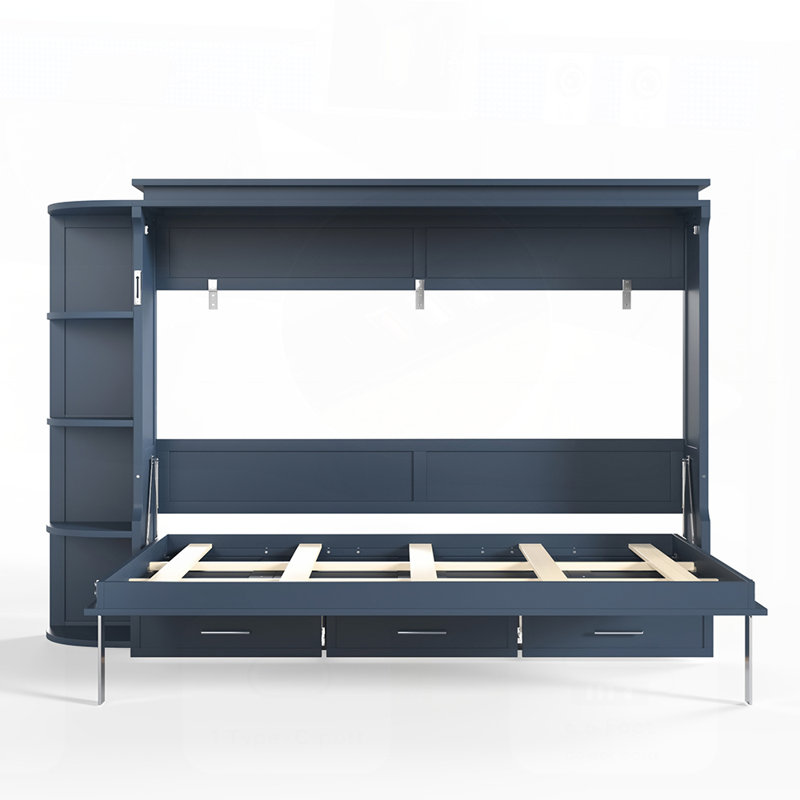 Lit plateforme Murphy avec tablette, armoires latérales et tiroirs pour économiser de l'espace au bureau à domicile, Bleu