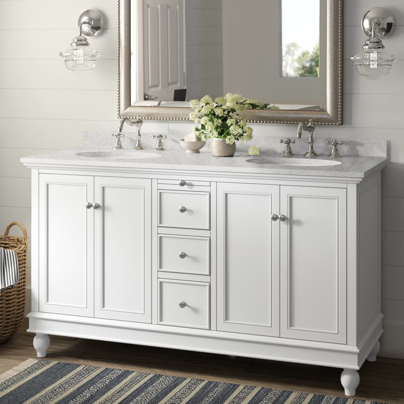 Ferdinand 60'' Double Bathroom Vanity with Top, White, Engineered Marble