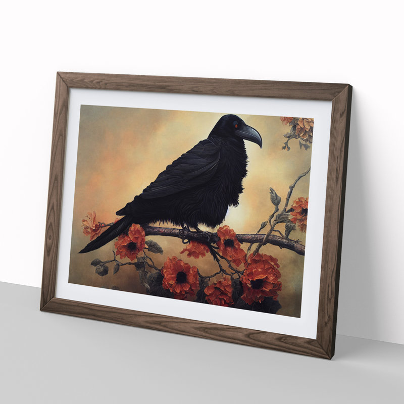 Magnetic Raven Bird - Framed Print, 25cm H x 34cm W x 2cm D, Walnut