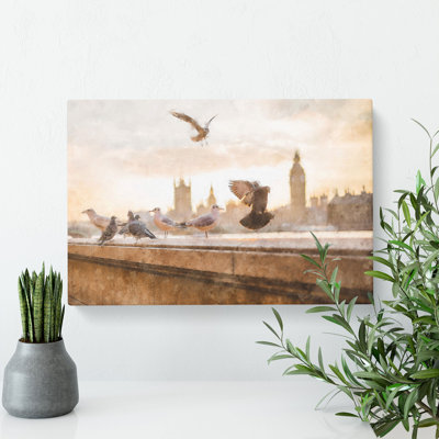Pigeons By The Houses Of Parliament - Wrapped Canvas