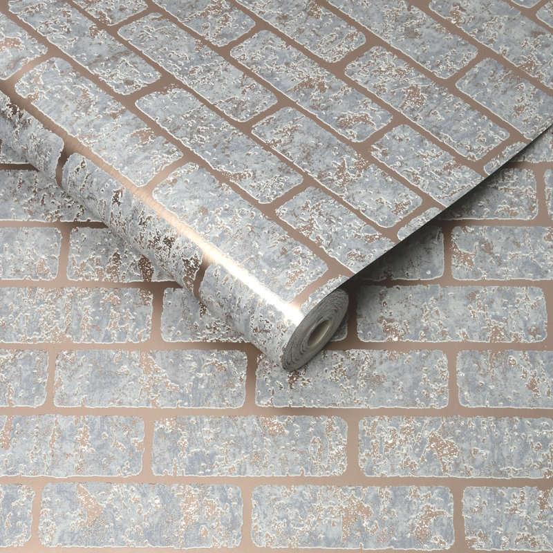 Milan Brick Vinyl Metallic Wallpaper Roll, Rose Gold