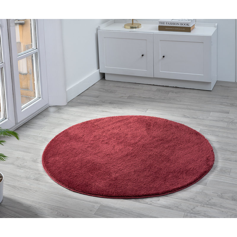 Taeler Washable Modern Living Room Rug Polyester Plain - Anti-Slip Felt Backing Carpet Bedroom-Hallway, Red, Round 100 cm