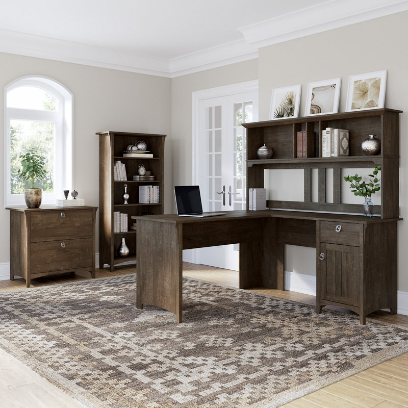 Ozro L-Shape Credenza Desk with Hutch, Ash Brown
