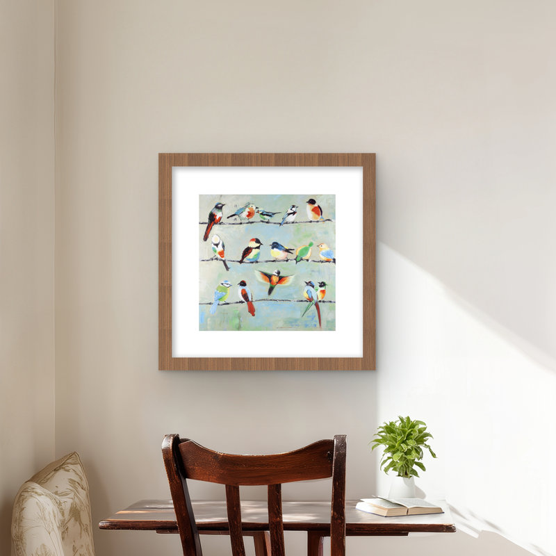 Petits oiseaux colorés abstraits - reproduction encadrée pour la décoration intérieure, Brun, H 16 po x l 16 po