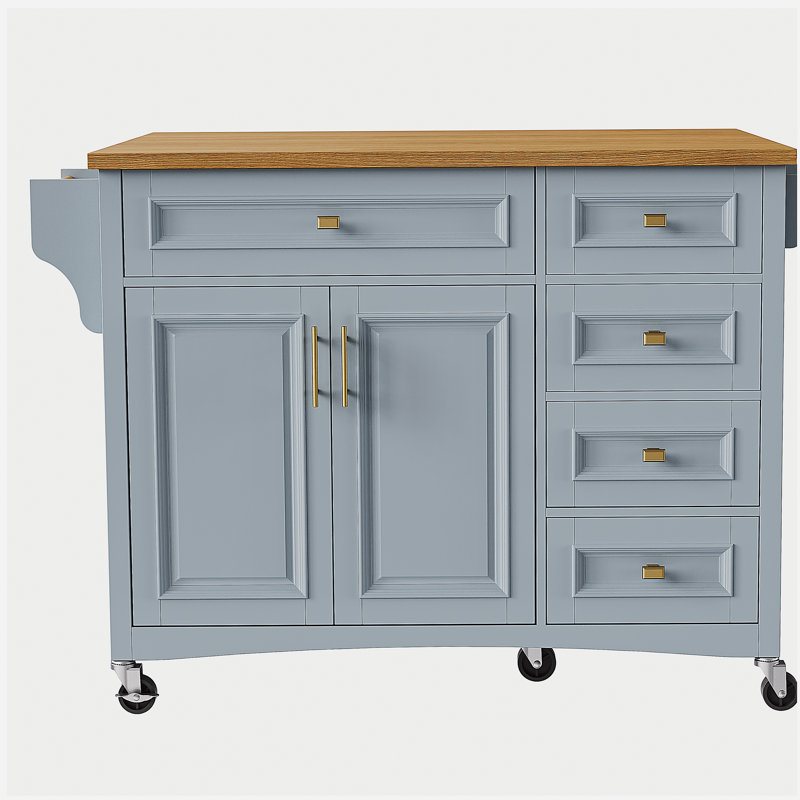 52-inch drawer-style kitchen island with textured kitchen island, with spice rack, towel rack, 2 doors, and 5 drawers, kitchen storage cart with adjustable shelf, blue gray