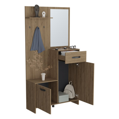 Parker 75" Tall Mirrored Tree Hall With Hangers, Three Shelves, Two Cabinets, One Drawer, Entry Way, Console Table, Living Room Light Oak, Cabinet