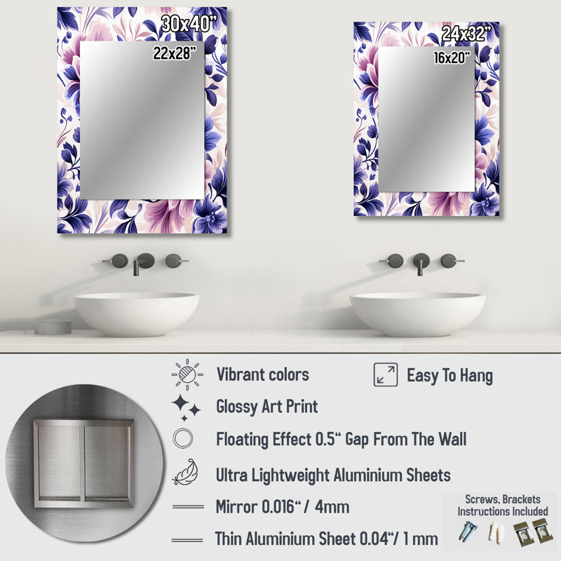 Moroccan Damask Poppies Intrigue - miroir mural damassé, miroir décoratif bohème, impression d'art en métal, 40 po x 30 po