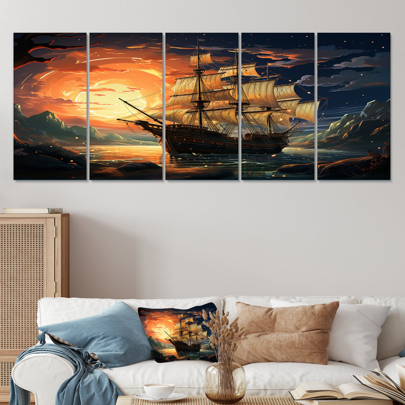 Bateau pirate au milieu de Legacy II - ensemble de 5 décorations murales, H 32 po x l 80 po