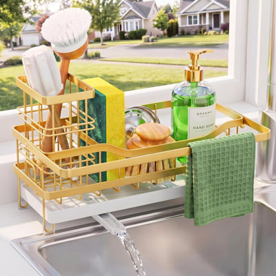 Metal Countertop Organizer with Towel Rack & Brush Holder, Rustproof Sink Storage Rack for Dish Soap and Cleaning Essentials