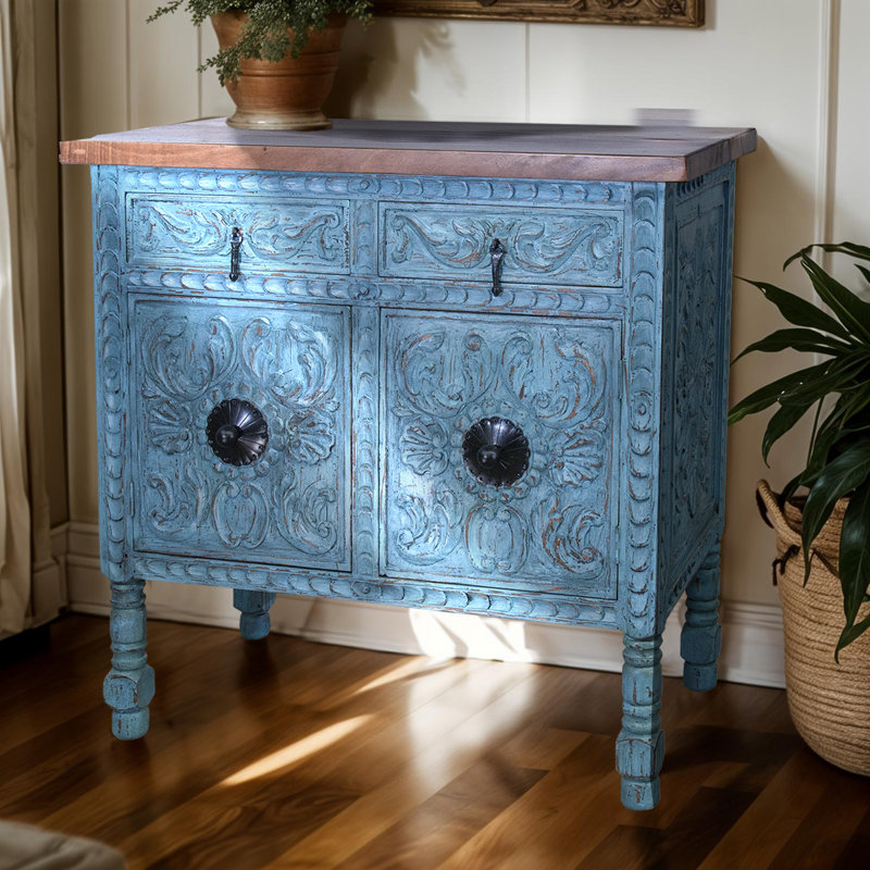 Turquoise Carved Console with Iron Hardware