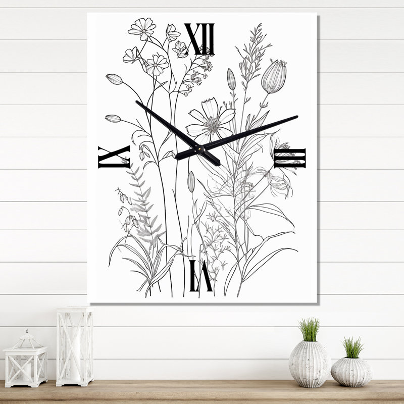 Dessin minimaliste de fleurs sauvages noir sur blanc - Horloges murales Wildflowers, Grand
