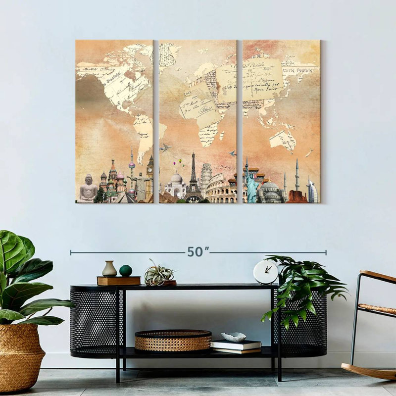 Carte postale, carte du monde, reproduction d'art sur toile, H 32 po x l 50 po x P 1,25 po
