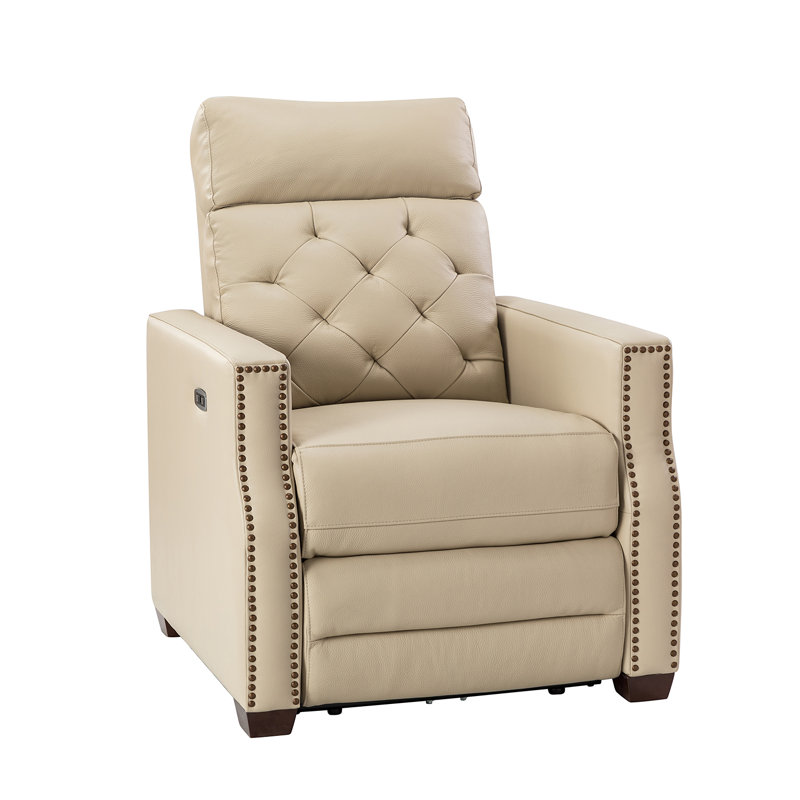 Gumesindo 31.50" Wide Genuine Leather Power Recliner, Beige Genuine Leather