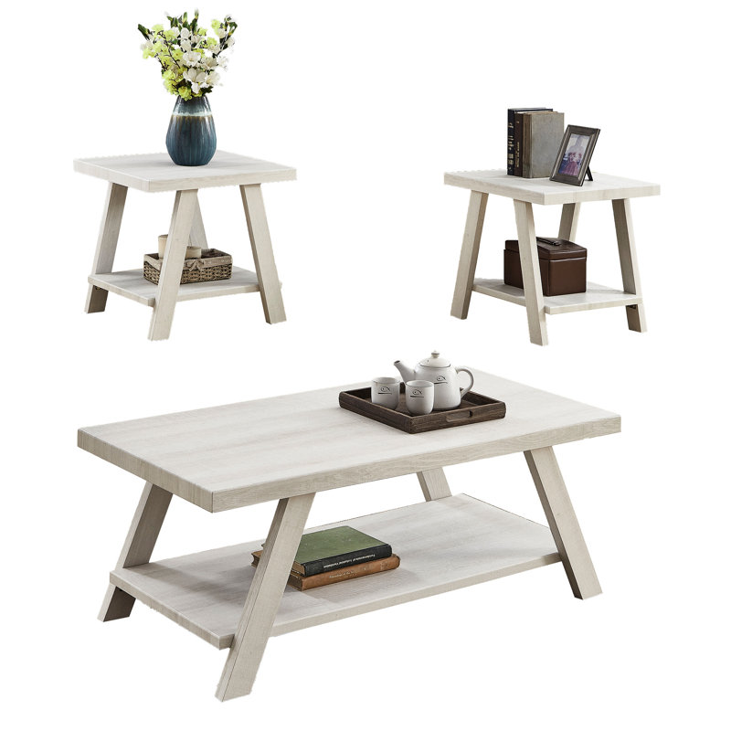 Table basse chic et blanche avec tablette de rangement et tables de bout modernes et assorties, Blanc cassé, Blanc cassé