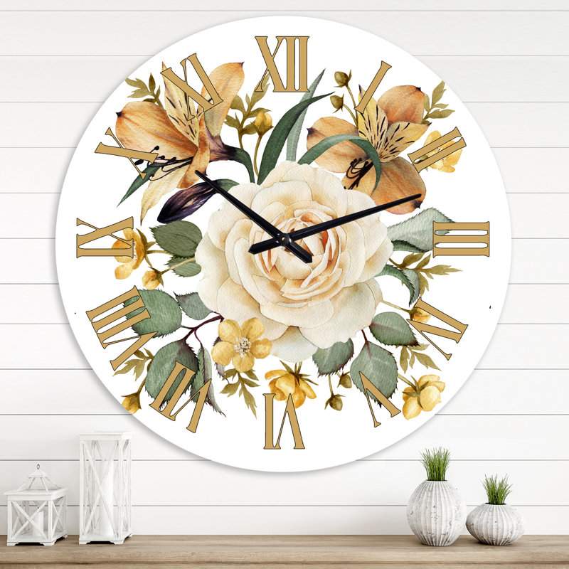Rose blanche rétro - horloge murale traditionnelle, Moyenne