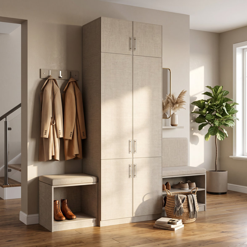 Armoire en lin naturel de 236 cm de hauteur avec 6 portes et tringle.