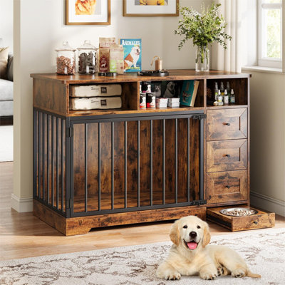 Mobilier pour chenil en bois 48 po avec 3 tiroirs et bol coulissant, table d'appoint moderne pour cage pour chien de taille moyenne jusqu'à 120 lb