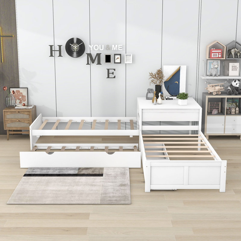 Twin Size 2 Drawers Wooden L-shaped Platform Beds with Trundle and Built-in Table, White