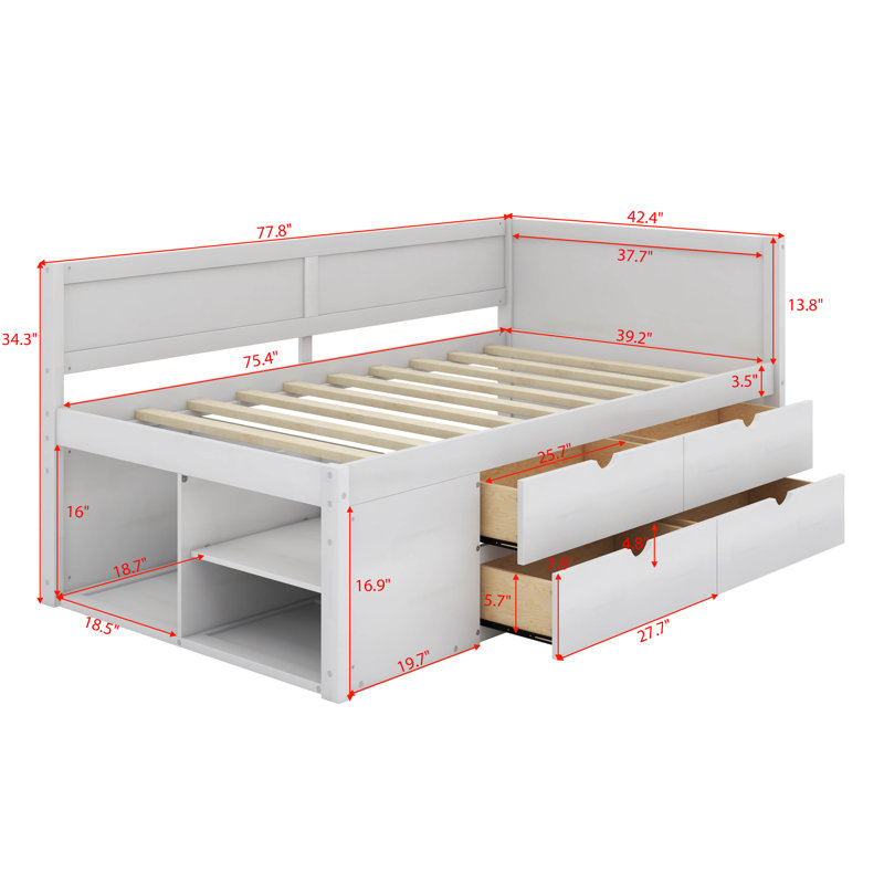 Elsi 4 Drawers Corner Daybed with Storage Shelves, Twin, White