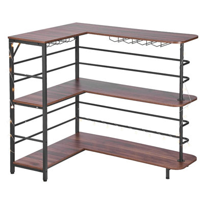 L-shaped Home Bar Unit, 3-tier Wine Bar Cabinet Table With Storage Shelves & Adjustable Foot Pads, Led Light, Walnut Finish & Metal Frame Liquor Cabinet For Home Kitchen Living Room Pub Basement