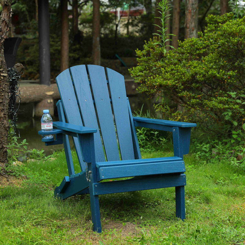 HDPE Folding Adirondack Chair With Dual Cup Holder - Composite Adirondack Chair With Wood Texture, Navy