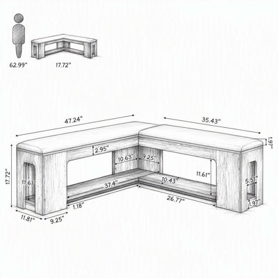 Banc d'angle en forme de L avec coussin en polyuréthane et tablette de rangement ouverte à 2 niveaux, banc de coin-repas rustique en grain de bois, banc de rangement pour chaussures d'entrée dans la cuisine, couloir